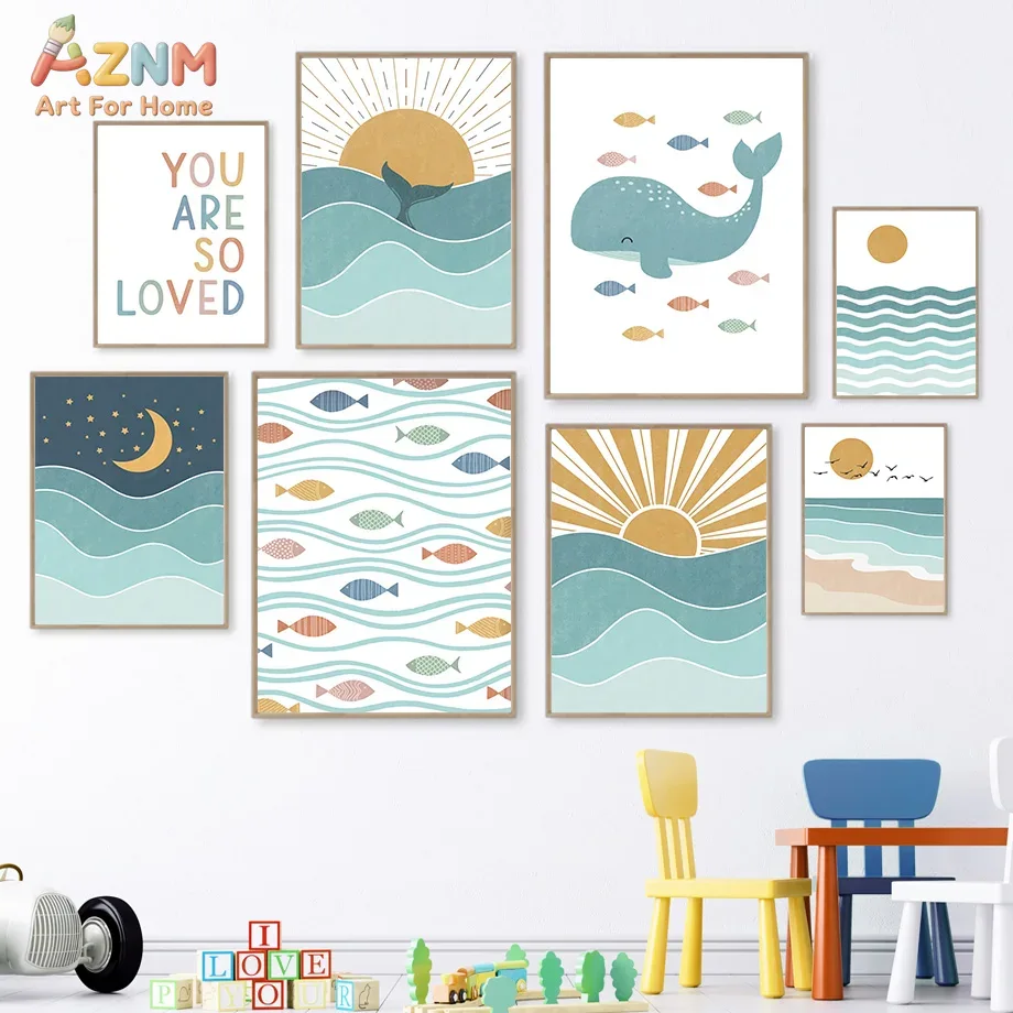 Baby Nursery Paintings - AZNM Quadro su tela Boho Oceano