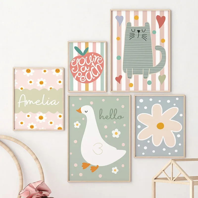 Baby Nursery Wall Art - Cartoon Cat Duck Bird Apple Nome
