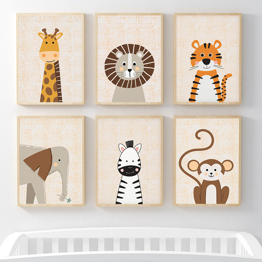 Animals Baby Nursery - Quadri su tela con leoni, giraffe,
