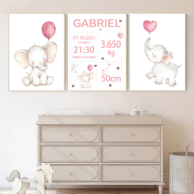 Baby Nursery Elephant - Nome personalizzato rosa bambino Data di